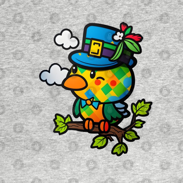 St. Patricks Adorable Green Bird in Blue Hat Cartoon Art by Xtian Dela ✅